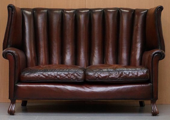 Huge Victorian Brown Leather Barrel, Leather Brown Sofa Set