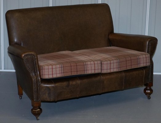 Edwardian Walnut Brown Leather Three Piece Sofa Armchairs Suite