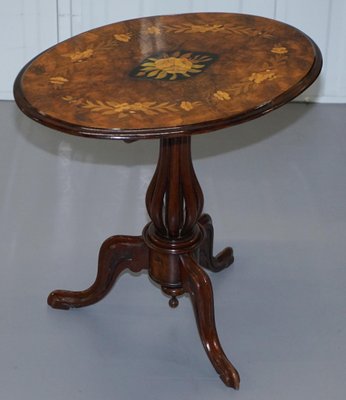Victorian Walnut and Marquetry Inlaid Tilt Top Oval Side Table for