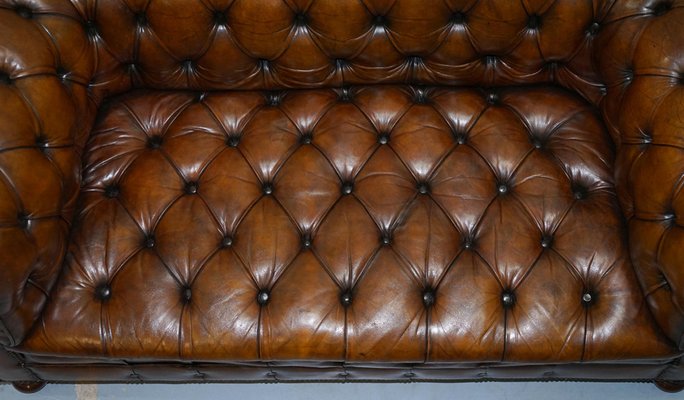 Chesterfield Oned Hand Dyed Brown, Mahogany Color Leather Sofa