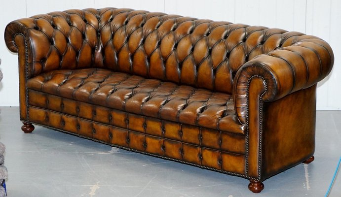 Vintage Hand Dyed Pleated Whisky Brown, Classic Chesterfield Leather Sofa
