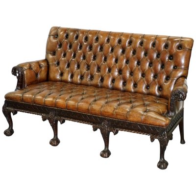 19th Century Hand Carved Hawk Claw And Ball Feet Chesterfield Sofa In Brown Leather For At Pamono 19th Century Hand Carved Hawk Claw And, Carved Wood Leather Sofa