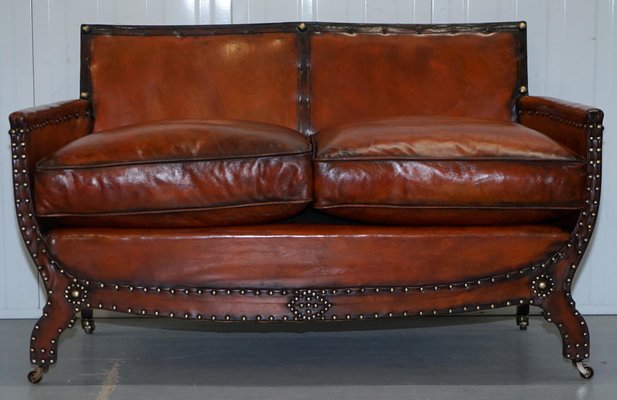 Edwardian Studded Whisky Brown Leather, Studded Leather Couch Set