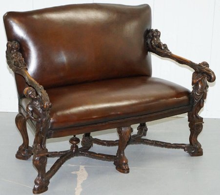 Baroque Venetian Carved Walnut Settee, Valentino Leather Sofa
