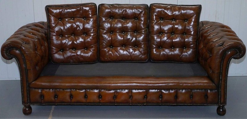 Fully Sprung Aged Brown Leather, Chippendale Leather Sofa