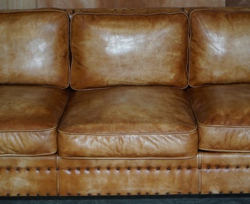 Edwardian Style Hand Dyed Brown Leather, Worn Brown Leather Sectional