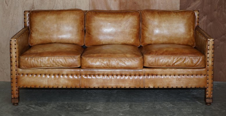 Edwardian Style Hand Dyed Brown Leather, Leather Studded Couch