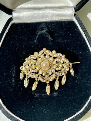 Broche Ancienne Style Oriental - Argent Filigrané Doré Avec Pierres De Couleur - Occasion