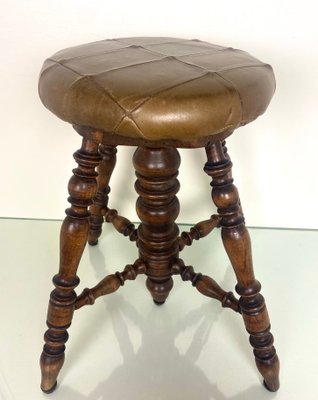 Antique Victorian Adjustable Piano Stool with Patchwork Leather