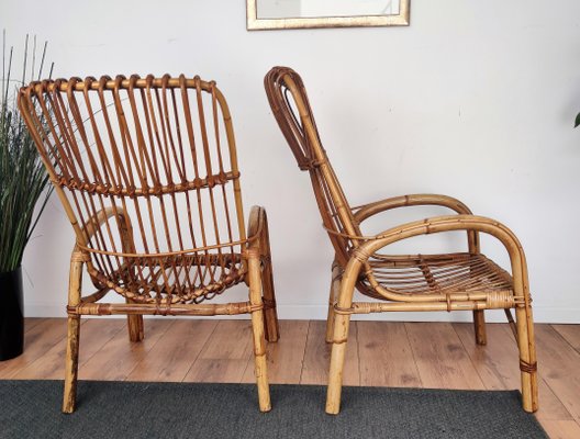 Italian Bent Bamboo Rattan French Riviera Lounge Chairs by Franco Albini 1960s Set of 2