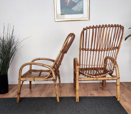 Italian Bent Bamboo Rattan French Riviera Lounge Chairs by Franco Albini 1960s Set of 2