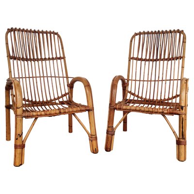 1960s イタリア製 ラタン ロッキングチェア Franco Albini Set of Italian Bent Bamboo Rattan French Lounge Chairs by Franco