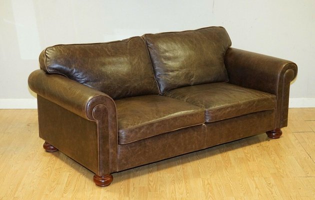 Fishpools Leather 2 Seater Sofa With, Worn Look Leather Sofa