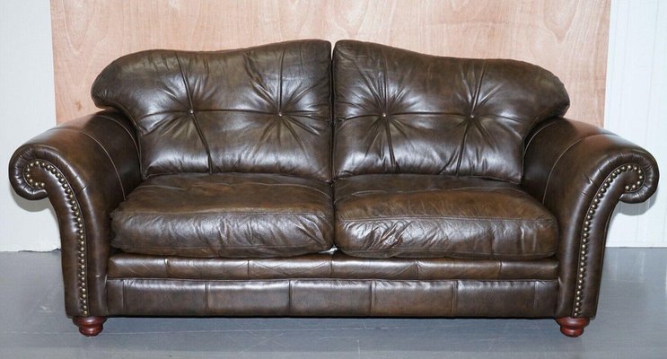 Brown Leather 2 Seater Chesterfield, Brown Leather Camelback Sofa