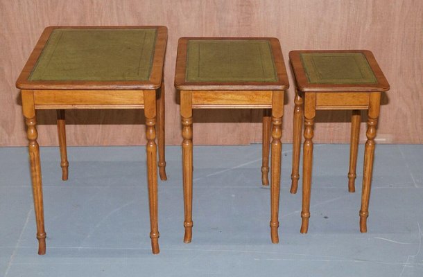 Yew Wood Gold Leaf Embossed Nesting Tables with Green Leather