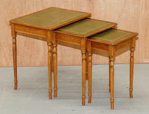 Yew Wood Gold Leaf Embossed Nesting Tables with Green Leather