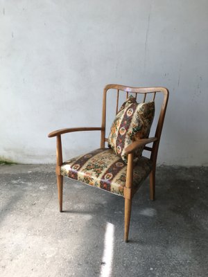 Armchair with Cushion Blond Wood Frame and Floral Plastic Fabric in the Style of Ico Parisi 1950s