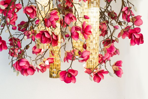 Flower Power Fuchsia Magnolia Chandelier With 24k Gold Pipes From Vgnewtrend Italy For At Pamono Flower Power Fuchsia Magnolia, Gold Chandelier With Pink Flowers