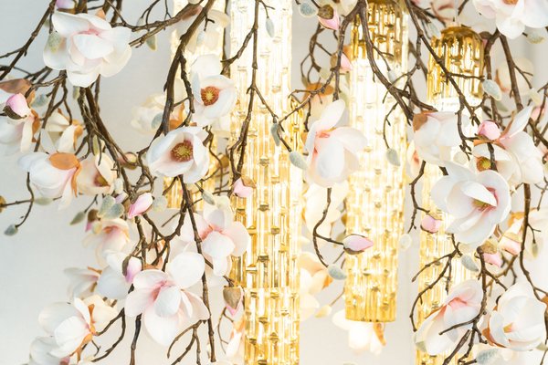 Flower Power Pink Cream Magnolia Chandelier With 24k Gold Pipes From Vgnewtrend Italy For At Pamono Pink Cream Magnolia Chandelier, Gold Chandelier With Pink Flowers