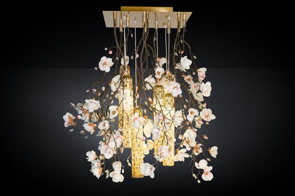 Flower Power Pink Cream Magnolia Chandelier with 24k Gold Pipes