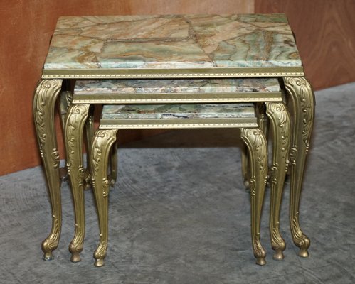 Vintage French Brass Onyx Nesting Tables 1940s Set of 3 for