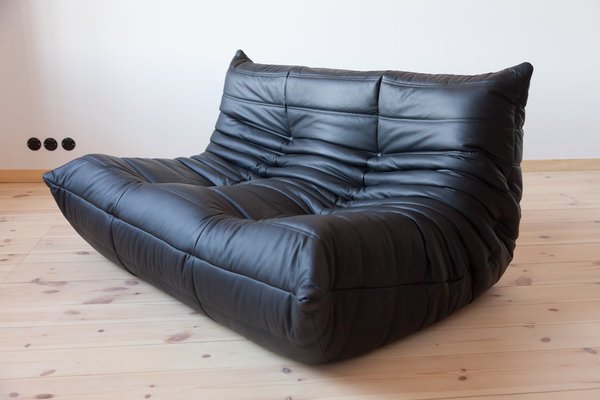 Black Leather Togo 2-Seat & 3-Seat Sofas by Michel Ducaroy for