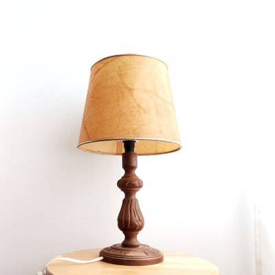 Portuguese Rustic Carved Wood Table, Vintage Wooden Carved Table Lamp Shade