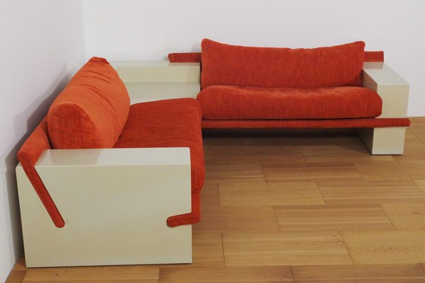 White Lacquered Modular Sofa with Orange Fabric Set of 17 for