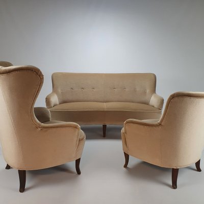 Mid-Century Chairs and Sofa in Velour, 1950s, Set of for sale at
