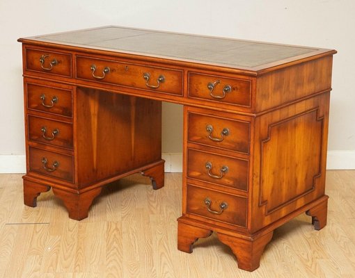 Vintage Burr Yew Wood Pedestal Desk, Vintage Wooden Desk With Leather Top
