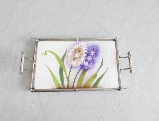 Jugendstil Keramik Tablett mit verchromtem Metallrahmen for sale at Pamono