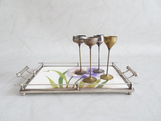 Jugendstil Keramik Tablett mit verchromtem Metallrahmen for sale at Pamono