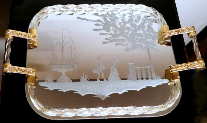 Murano Barovier Style Vanity Tray with Etched Mirror and Twisted
