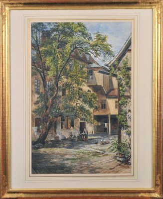 Courtyard With Tree, Watercolor On Paper, Framed For Sale At Pamono