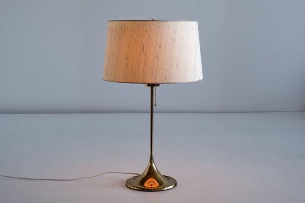 B 024 Brass Table Lamp With Beige Silk, Narrow Base Table Lamp