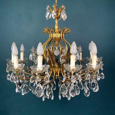 Large Crystal Chandelier Italy 1950s, Large Crystal Chandelier Sconces
