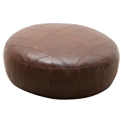 Large Round Brown Patchwork Leather, Round Ottoman Pouf Large