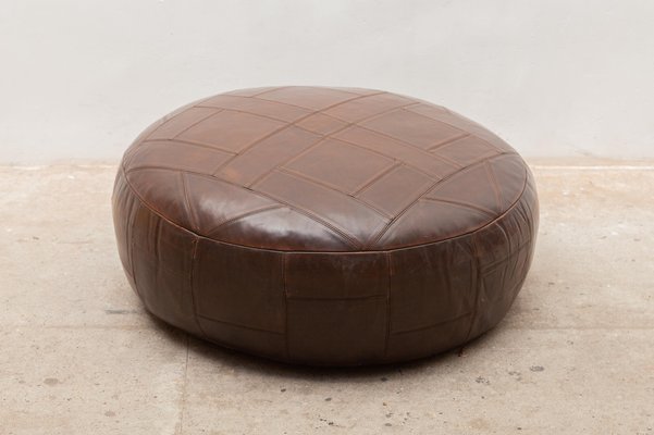 Large Round Brown Patchwork Leather, Round Ottoman Pouf Large
