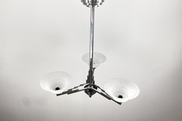Art Deco Lamp with Stepped Shape in Chrome & White Glass, France, 1920s sale at Pamono