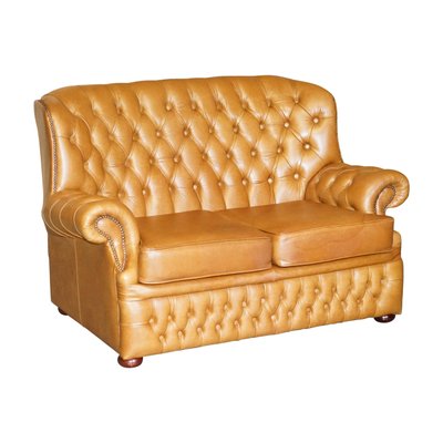 Small Wide Tan Leather Tufted Chesterfield Sofa with High Back for
