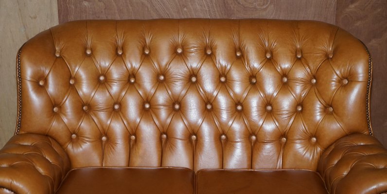 Small Wide Tan Leather Tufted Chesterfield Sofa with High Back for