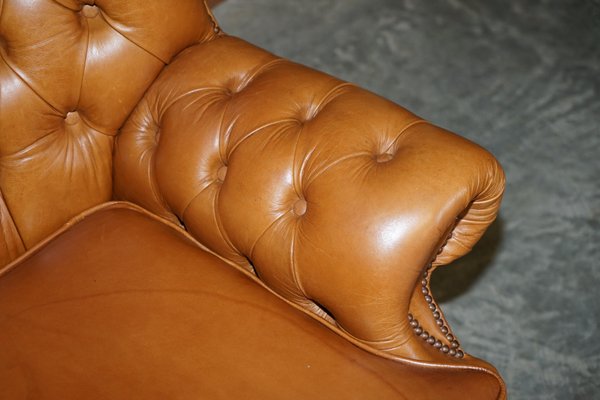 Small Wide Tan Leather Tufted, High Quality Chesterfield Leather Sofa