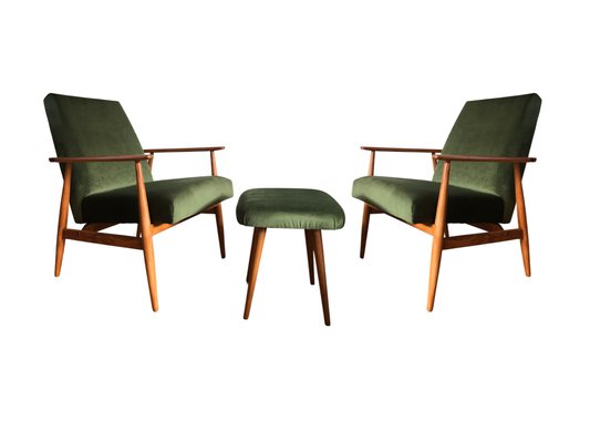 Mid Century Green Armchairs with Footstool by Henryk Lis 1960s Set of 3