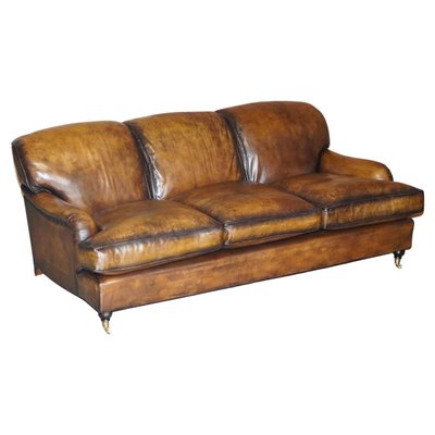 Vintage Hand Dyed Brown Leather Sofa, Old Brown Leather Couches