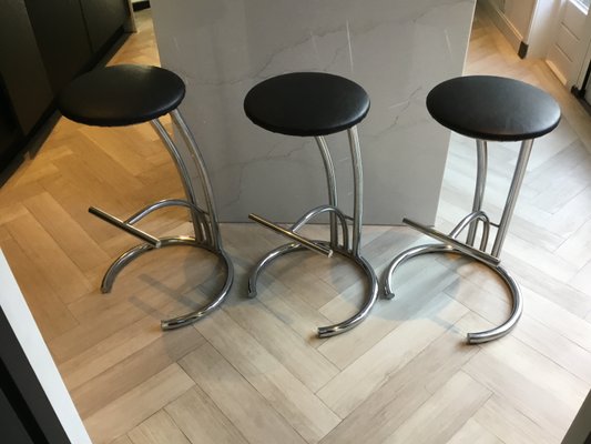 3 Bar Stools in Chrome Metal Set of 3 for sale at Pamono