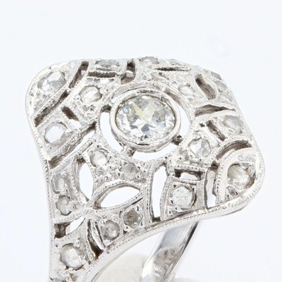 Bague Art Déco Or Blanc 18k Avec Perle Et Diamants - Taille 51, Circa 1950, Occasion