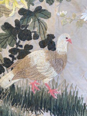 Ancien Français encadré soie travail broderie floral panier