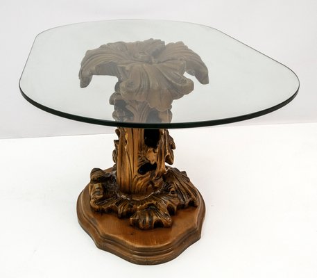 Mid Century Modern Carved Wooden Base Coffee Table for sale at Pamono