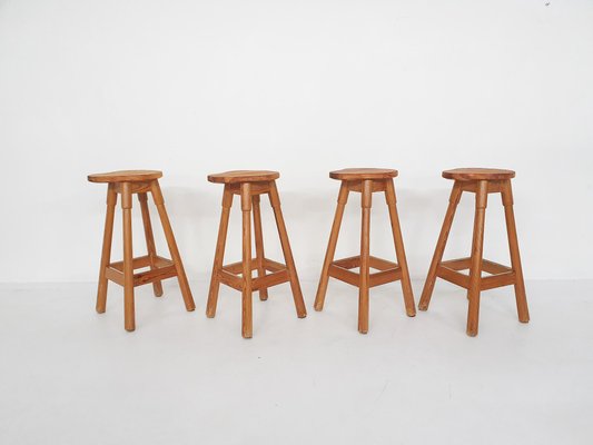 Scandinavian Modern Pinewood Bar Stools 1970s Set of 4