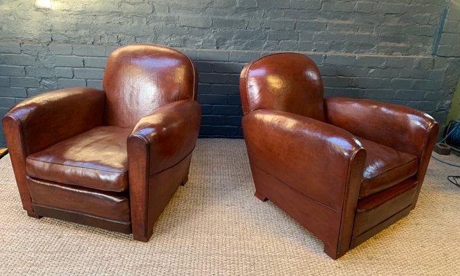 French Leather Club Chairs 1940s Set, French Leather Chair